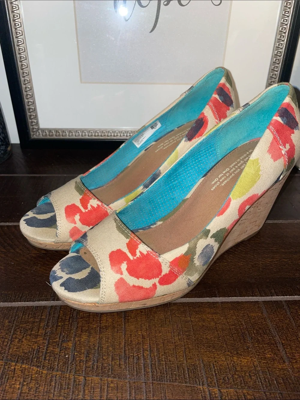 TOMS Stella Floral Canvas Peep-Toe Wedges in Tangerine Watercolor Size 8.5